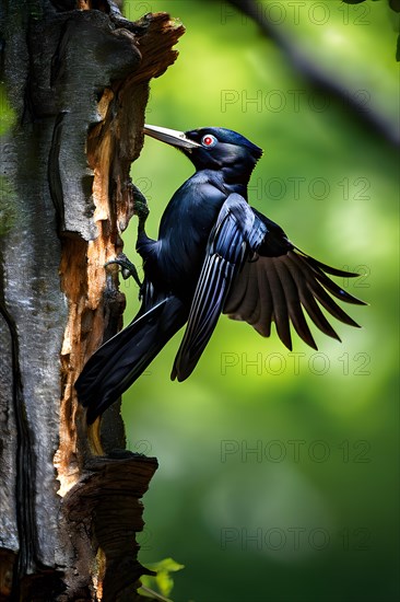Black woodpecker in mid action pecking a birch tree, AI generated