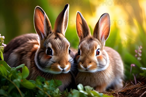 European rabbit and its offspring snuggling, AI generated