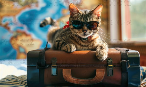 A cat with sunglasses sits on a suitcase in front of a world map AI generated