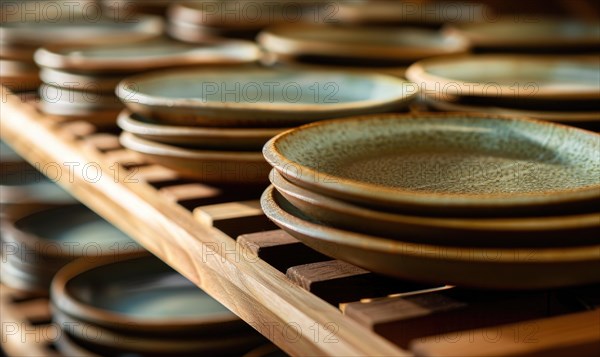 Close-up of earthenware plates stacked on wooden shelves, bathed in warm light AI generated