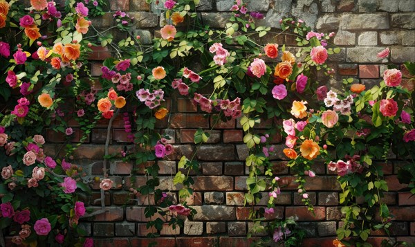 Lush vibrant flowers overgrowing a brick wall with abundant greenery AI generated