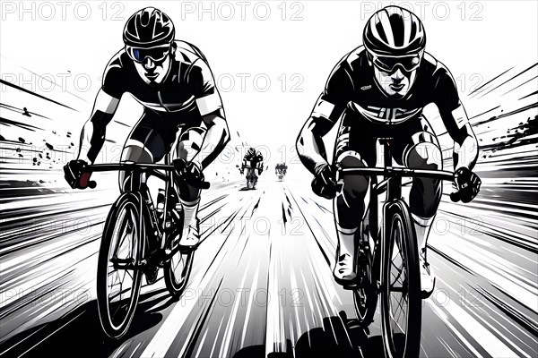 Line art black and white cyclist in velodrome, AI generated