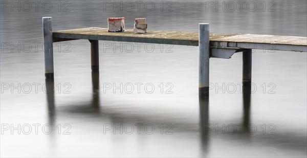 Long exposure, small jetty in the north harbour, Spree in Berlin, Germany, Europe