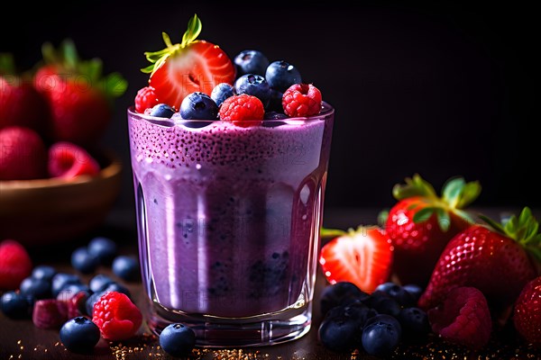 Berry smoothie boasting stratified blueberries strawberries raspberries capped with chia seeds, AI generated