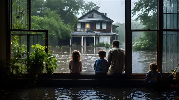 Family in partially submerged house from floodwater, AI generated
