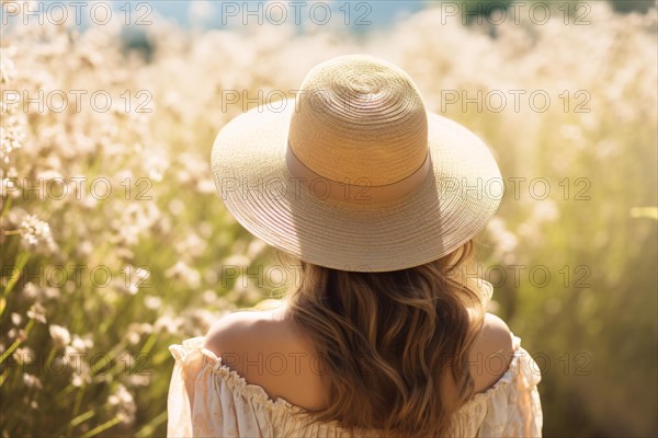 Back view of woman with summer dress and straw hat in front of flower field. KI generiert, generiert AI generated