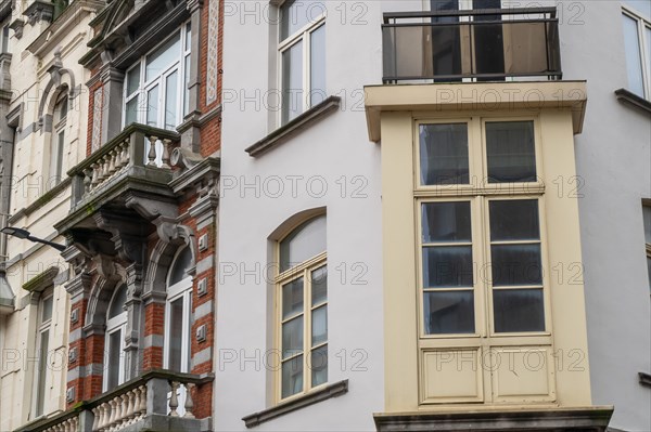 View of an old building with beige facade and balcony, Blankenberge, Flanders, Belgium, Europe