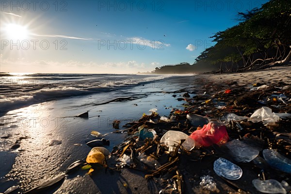 Beach strewn with plastic debris in the aftermath of high tide marine life habitats, AI generated