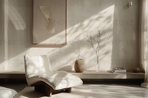 Serene interior with a chair and shadow play from the window light, AI generated