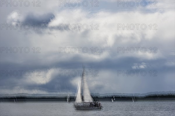 Sailboats on the lake in cloudy sky, double exposure, blurred, motion, long exposure, art, abstract, artistic, water sports, sailing, leisure, travel, holiday, boat, sky, recreation, nature, nautical, seafaring, horizon, water, freshwater, Masuria, Poland, Europe