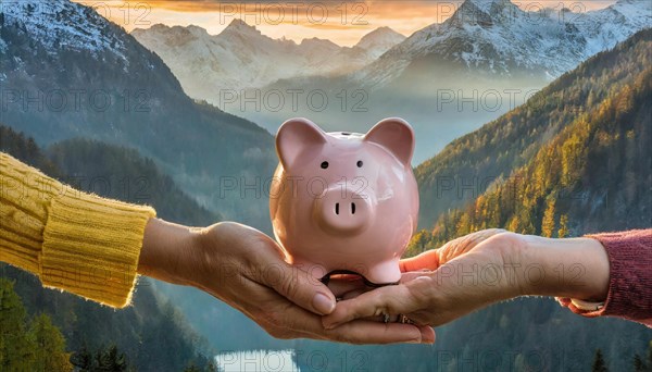 Hands holding a piggy bank in front of a picturesque mountain backdrop at sunset, AI generated, AI generated