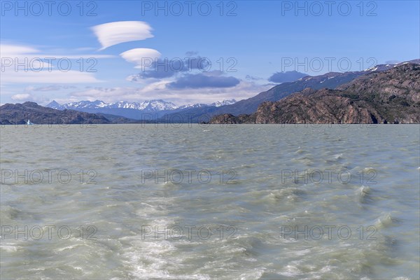 Boat trip, glacial lake, Torres del Paine National Park, Parque Nacional Torres del Paine, Cordillera del Paine, Towers of the Blue Sky, Region de Magallanes y de la Antartica Chilena, Ultima Esperanza Province, UNESCO Biosphere Reserve, Patagonia, End of the World, Chile, South America