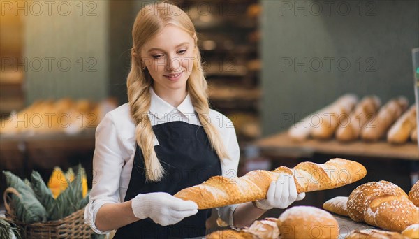 Ai generated, woman, 20, 25, years, shows, bakery, bakery shop, baquette, white bread, France, Paris, Europe