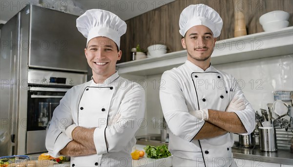 AI generated, Two attractive chefs in the kitchen of a hotel