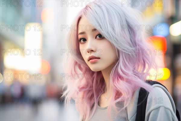 Young Asian woman with pastel colored pink and violet hair with blurry street in background. Harajuku street fashion. KI generiert, generiert AI generated