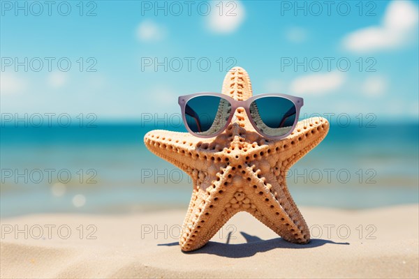 Funny starfish with summer sunglasses at beach with ocean in background. KI generiert, generiert AI generated