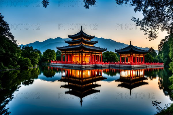 Shaolin temple mirrored perfectly in undisturbed waters, AI generated