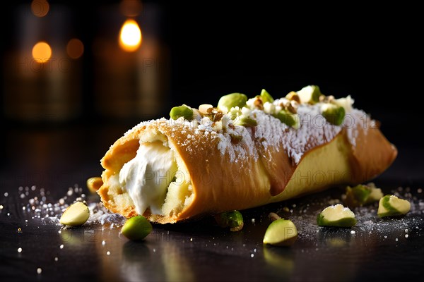 Cannoli stuffed with sweet ricotta cream, AI generated