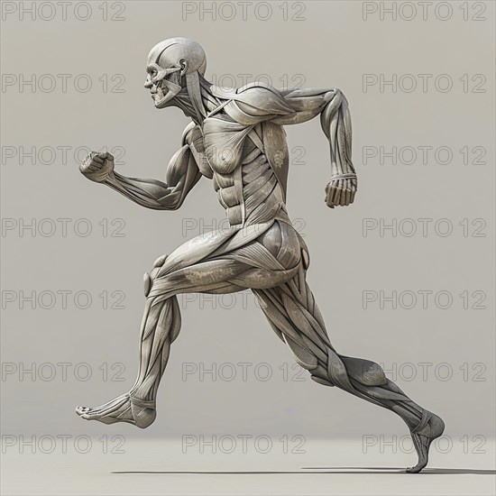 Monochrome anatomical model of a walking human with detailed view of the muscle structure, AI generated, AI generated, AI generated