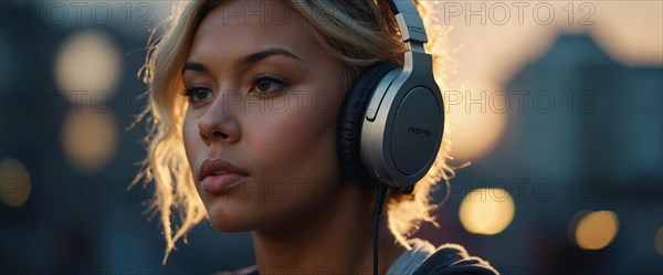 Profile of a thoughtful blonde woman with headphones against a cityscape at sunset, bokeh blurred background, horizontal aspect ratio, AI generated