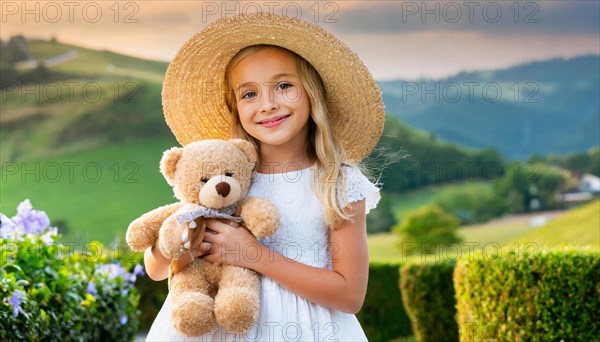 Ai generated, A blonde girl, 8 years old, enjoys the summer in a meadow with lots of flowers and is happy about her teddy bear, mascot