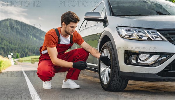 AI generated, A mechanic changes the tyres on a customer's car, tyre fitting, silver car