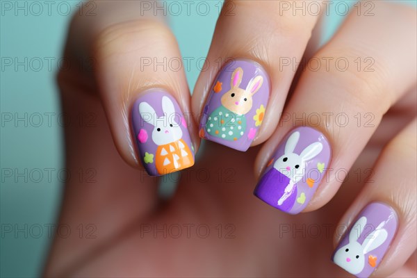 Woman's fingernails with cute seasonal Easter nail art design with bunnies. KI generiert, generiert AI generated