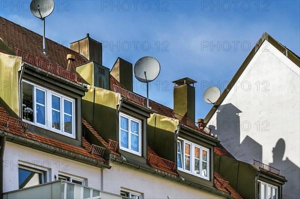 Dormers, chimneys and satellite dishes, Kempten, Allgaeu, Bavaria, Germany, Europe