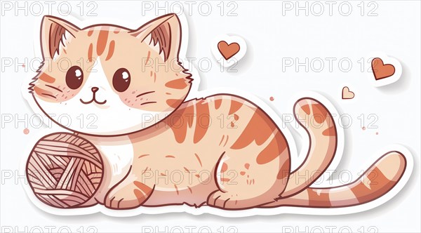 A playful orange cartoon cat sticker with yarn and small hearts around it, ai generated, AI generated
