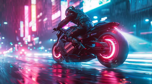 A motorcyclist braves the rain at night, speeding down a neon-illuminated wet street, ai generated, AI generated