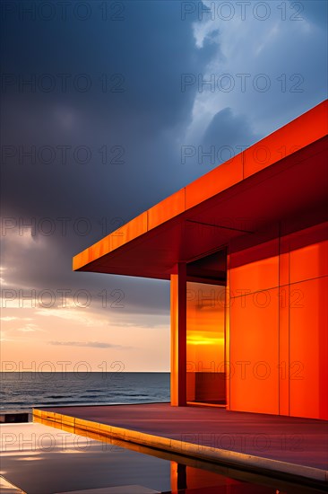Architectural minimalism capturing intersecting yellow and orange walls under a heavy cloudy sky, AI generated
