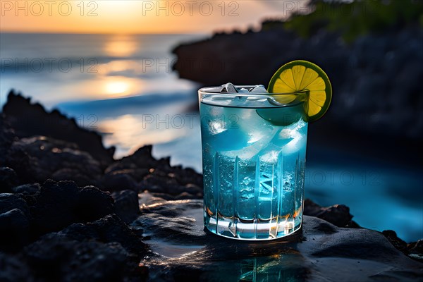 Icy blue curacao cocktail in a tall-glass perched on a cliff side bar, AI generated