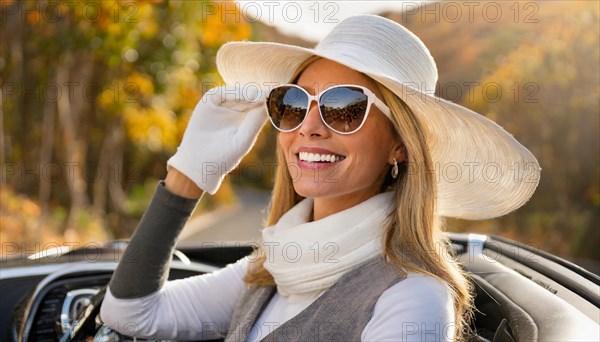 AI generated, A blonde woman enjoys her open-top convertible on a drive