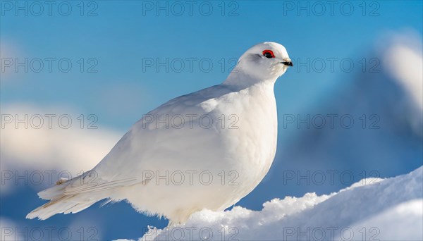 KI generated, A rock ptarmigan foraging in winter, white plumage, (Lagos muta), pheasants