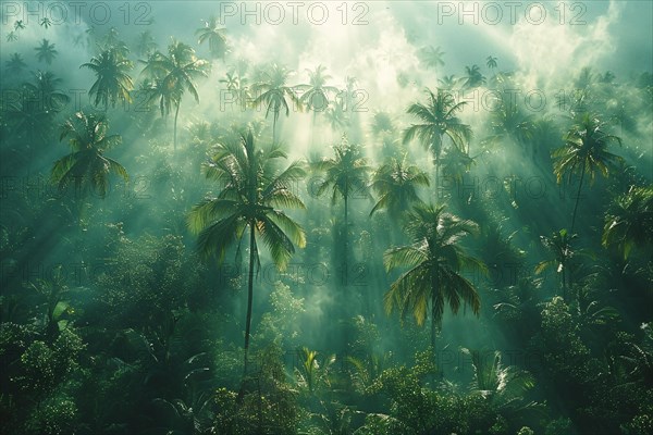 Sunbeams break through a misty jungle, illuminating the fog and palm trees at dawn, AI generated