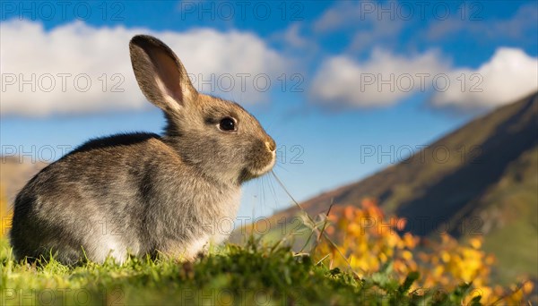 KI generated, A colourful dwarf rabbit in a meadow in autumn, side view, (Brachylagus idahoensis)