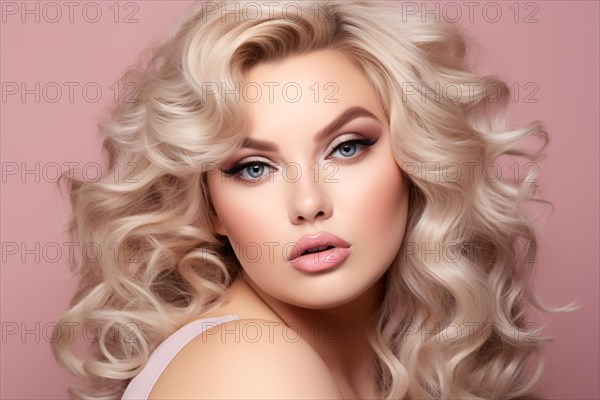 Beauty shot of pretty curvy model with round face, long wavy blond hair and glamour makeup on pink studio background. KI generiert, generiert AI generated