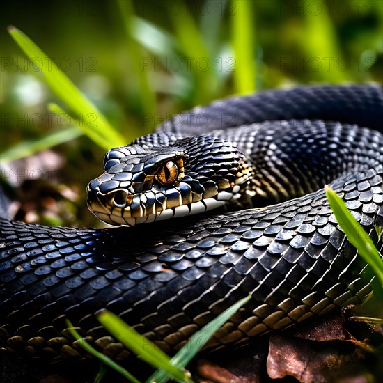 European adder coiled in a striking position showcasing its distinctive patterning, AI generated