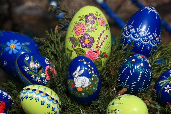 Detail of an Easter fountain in Franconian Switzerland, Bamberg district, Upper Franconia, Germany, many colourful blown-out and dyed eggs as decoration, Easter custom, Europe