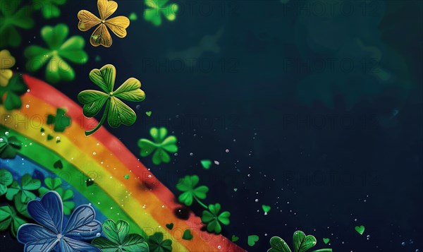 Mysterious dark background with a rainbow, clovers, and sparkling glitter AI generated