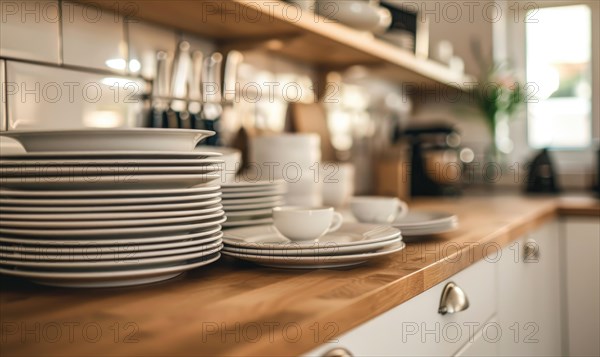 Warmly lit kitchen counter with neatly arranged white dishes and coffee making essentials AI generated