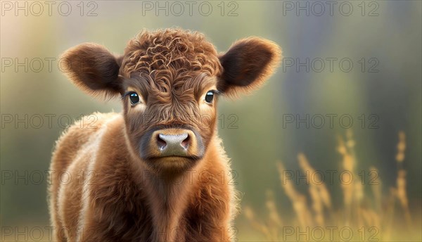 Galloway cattle (Bos taurus), cute calf, baby animal, AI generated, AI generated