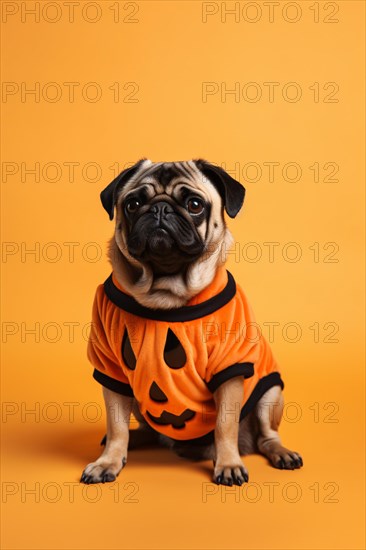 Funny pug dog in orange shirt with carved Halloween pumpkin face in front of yellow studio background. KI generiert, generiert AI generated