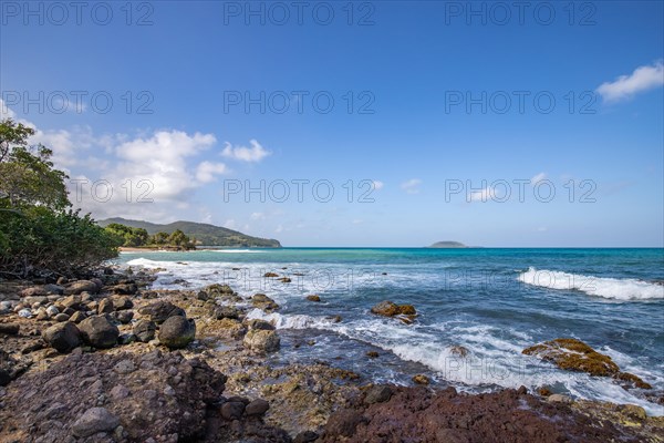 Nature in a special landscape. A rocky coast by the sea. Great landscape shot of cliffs in the Caribbean, the waves crashing against the island of Guadeloupe in the French Antilles