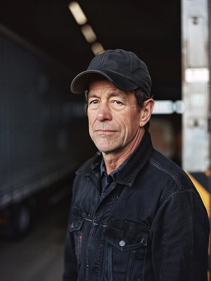 Portrait of a man in a cap and black jacket with a serious expression and blurred warehouse background, AI generated