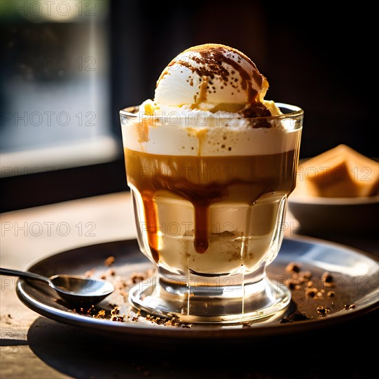 Affogato al caff featuring a scoop of vanilla bean ice cream drowned in a shot of hot espresso, AI generated