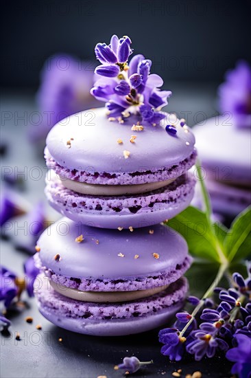 Lavender honey ice cream sandwiched between french macarons fresh lavender sprigs adornment, AI generated