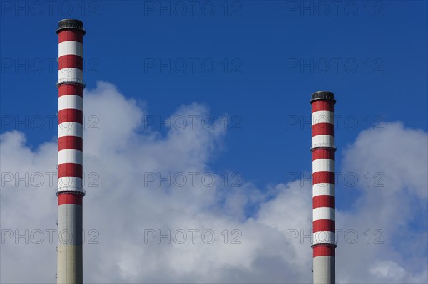 Chimney of a power plant in Sines, red, white, blue sky, power plant, energy, environment, climate, Co2, atmosphere, air pollution, exhaust fumes, industry, fossil, fossil energy, refinery, air, pure, clear, clean, no smoke, emission