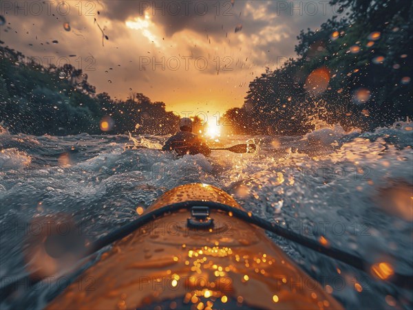 Whitewater riders ride boats through rapids, AI generated