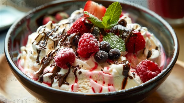 Indulgent sundae with berries, drizzled chocolate sauce, and whipped cream, ai generated, AI generated